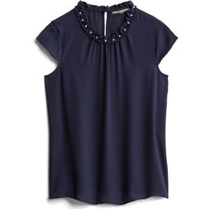 NWT Karl Lagerfield Navy Pearl Neckline Blouse